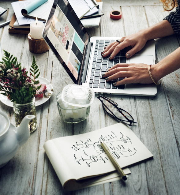 side view woman using computer laptop